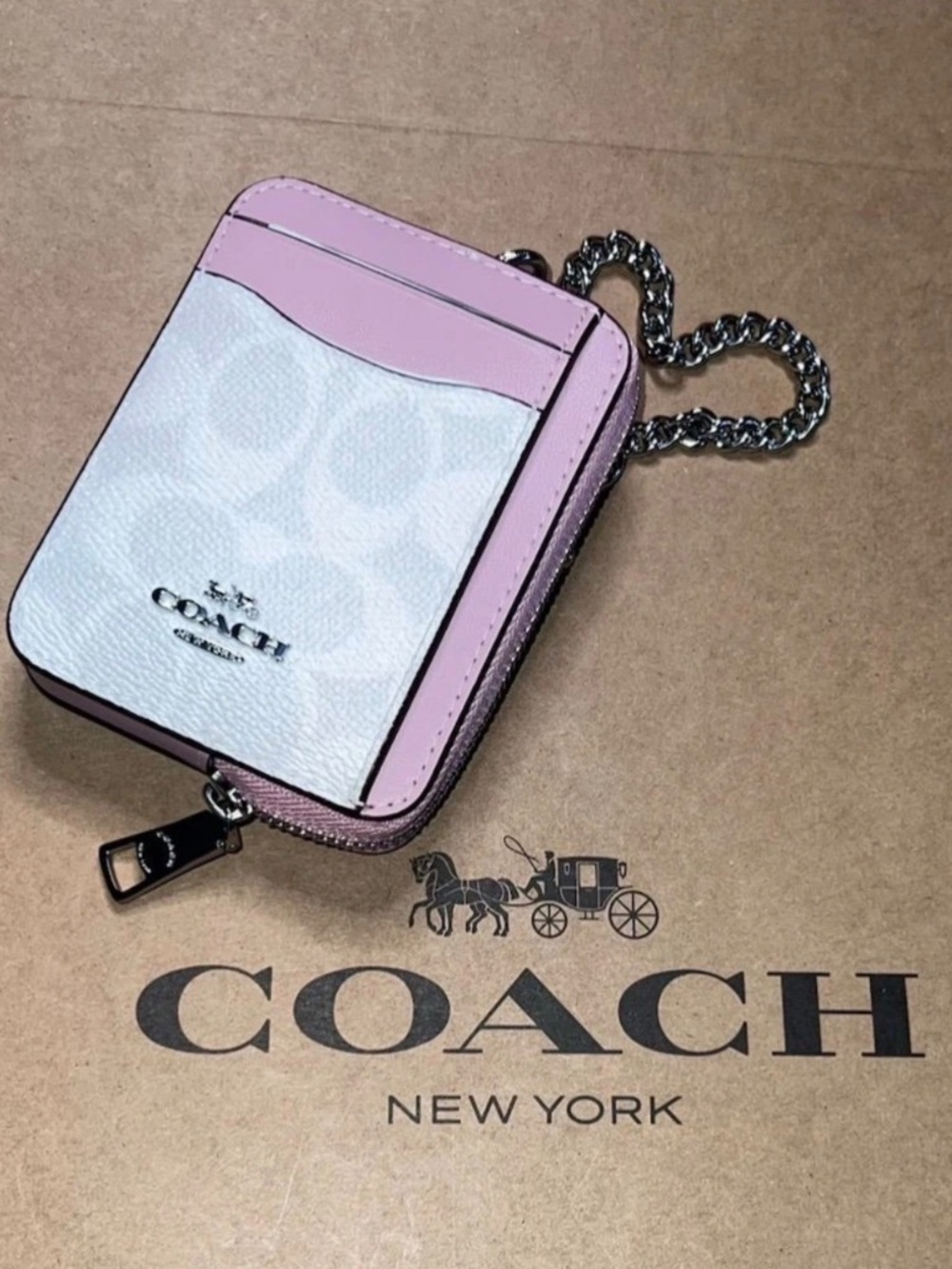 COACH Zip Card Case Cardholder Wallet Chalk & Carnation with Silver Hardware NWT